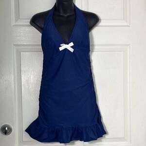 NEW VENUS Blue Swimsuit white bow and Ruffled Hem size 12 Nautical Pinup Retro